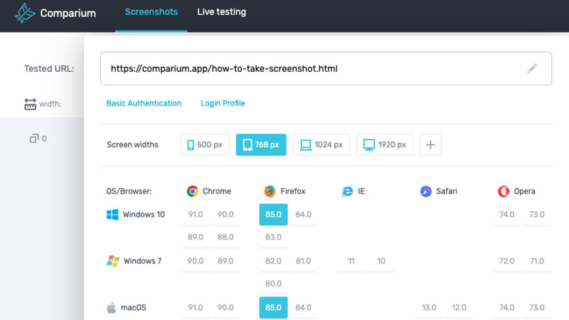 Comparium allows you to choose from a variety of different browsers, resolutions and operating systems.