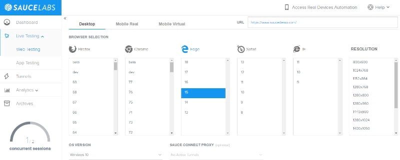 SauceLabs screen