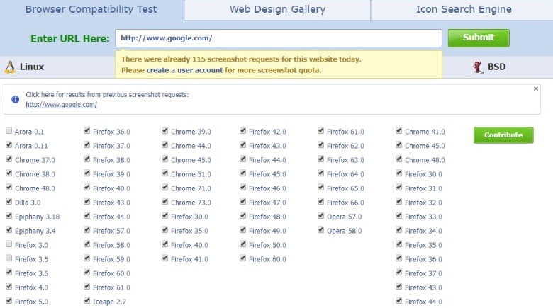 Browsershots interface screen Browsershots interface screen