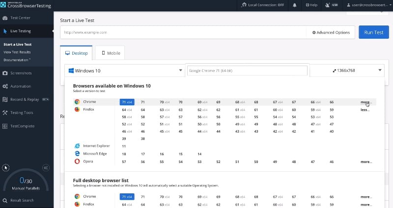 CrossBrowserTesting interface screen CrossBrowserTesting interface screen