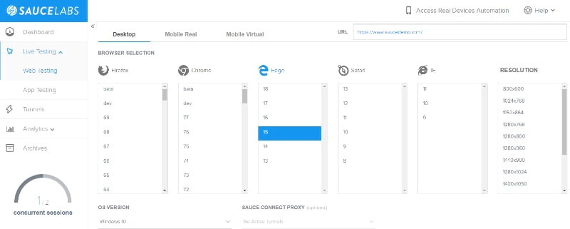 Saucelabs interface screen Saucelabs interface screen